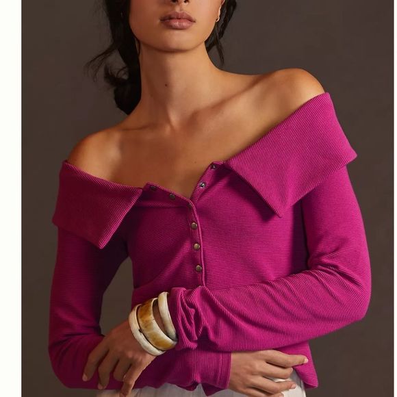 Anthropologie Maeve Off-The-Shoulder Button Down Top Purple Size Large - Picture 1 of 12